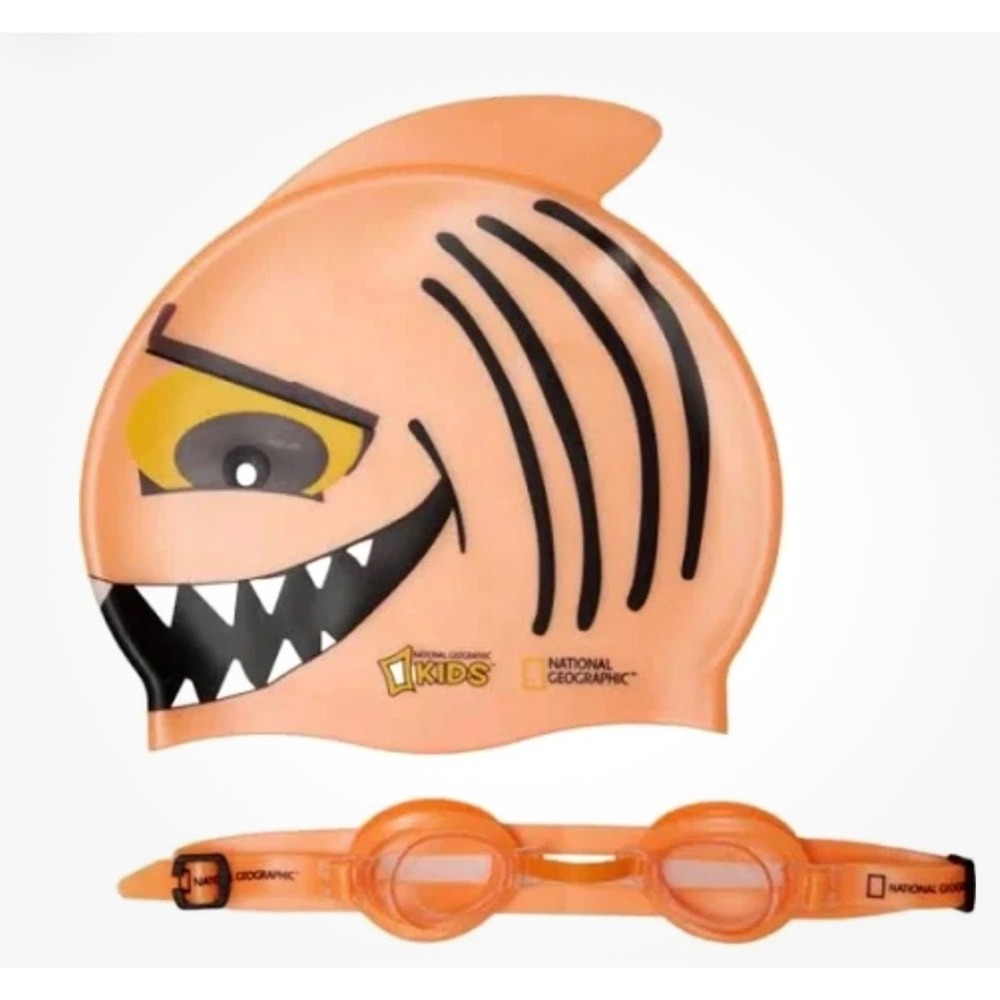 NEW National Geographic Kids Fish Lids Orange Swim Cap and Goggles Set